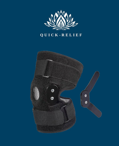 Black knee brace with Quick-Relief logo on a blue background