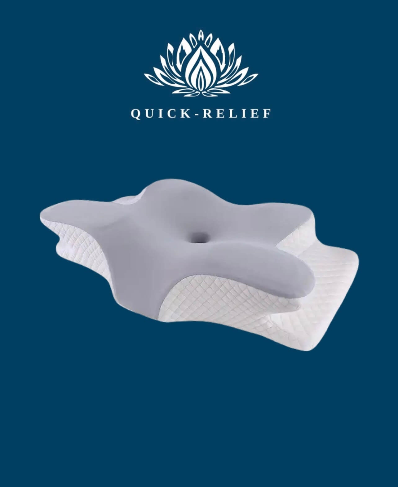 Gray pillow with white textured base on a blue background, featuring the 'Quick-Relief' brand.
