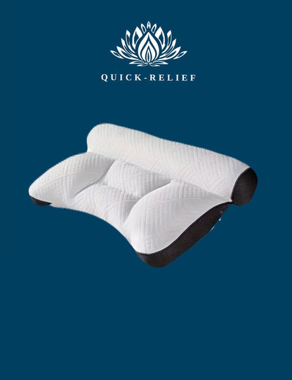 White neck pillow with quilted design on a blue background, featuring the Quick-Relief logo.
