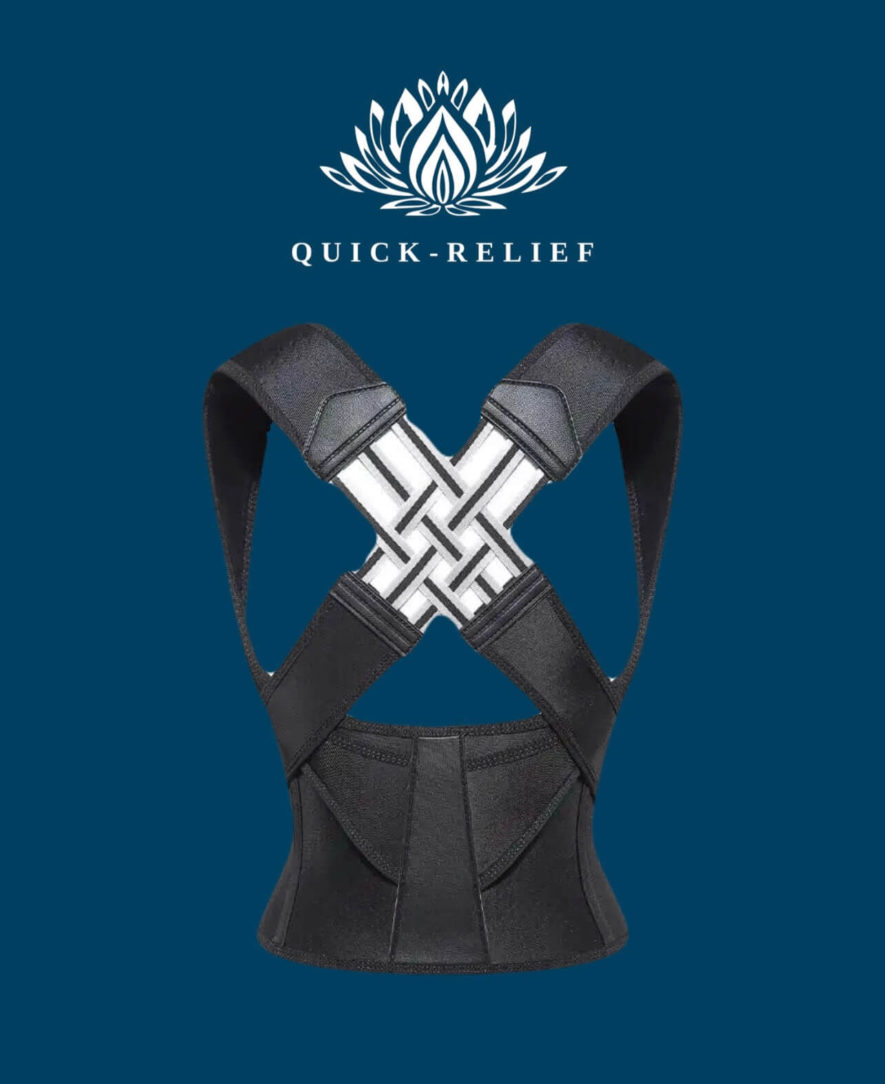 Black posture corrector with 'Quick-Relief' logo on a blue background