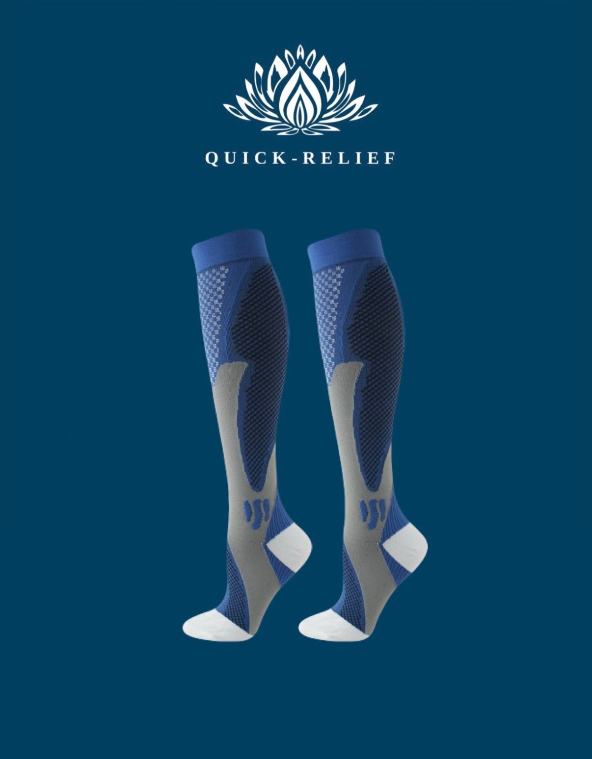Pair of blue knee-high socks with 'Quick-Relief' branding on a dark blue background.